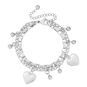Double-layer stainless steel bracelet with heart charms and polished beads on white background