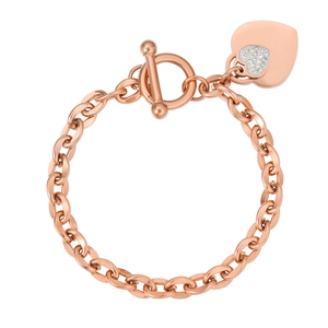 Rose gold heart pendant bracelet with chunky link chain and OT toggle clasp closure