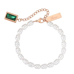Elegant Titanium Steel Artificial Pearl Bracelet With Emerald Cut Green Gemstone Pendant And Love Tag Fashion Jewelry For Women