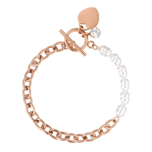 Elegant Spliced Titanium Steel Artificial Pearl Heart Bracelet With OT Toggle Clasp Zircon Pendant Minimalist Cold Style Jewelry For Women