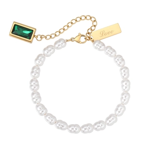 Elegant pearl and green gemstone titanium steel bracelet with gold Love tag charm