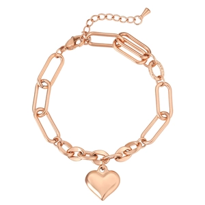 Elegant rose gold heart pendant bracelet featuring a paperclip and Cuban link chain mix