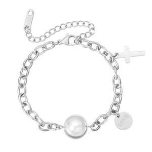 Bracelet Femme en Acier Inoxydable Plaqué Or 18K à Mailles Épaisses Avec Künstliche Perle Artificielle Croix et Charme Love