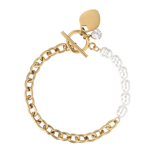 Minimalist pearl and gold chain bracelet with heart pendant and T-bar toggle clasp