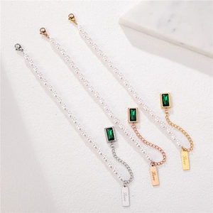 Minimalist pearl necklace with green emerald pendant in gold, silver and rose gold