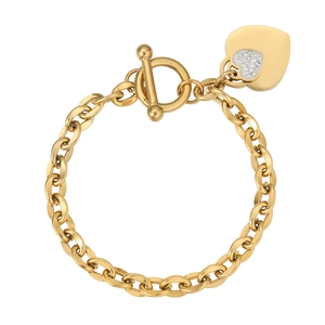 Gold-plated stainless steel T-bar bracelet featuring a pave-set heart charm on a chunky chain
