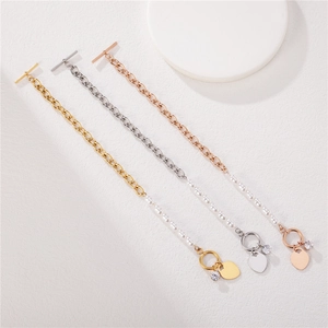 Three-color pearl and stainless steel chain bracelets with heart pendant and OT toggle
