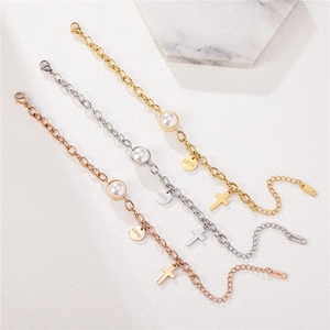 Lot de 3 bracelets croix en acier inoxydable avec perles en or, argent, or rose