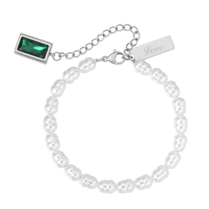 Baroque pearl bracelet with green gemstone pendant and Love engraved charm on white background