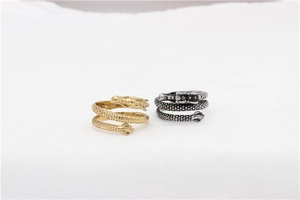 Detailed view of intertwined dragon rings with scales in gold and silver finishes