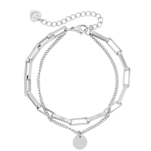 Zweilagiges Edelstahl-Kettenarmband mit Büroklammer-Gliedern und rundem Anhänger
