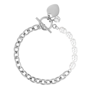 Minimalist stainless steel chain bracelet with white pearls and heart pendant