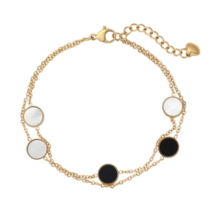 Double-layered golden stainless steel bracelet featuring shell-inlaid circular charms