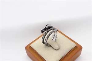 Macro detail of vintage silver dragon ring featuring scales and sparkling clear rhinestone