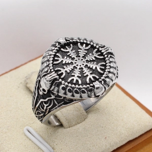 Men Retro Titanium Steel Viking Ring Nordic Vegvisir Helm of Awe Symbol Gothic Skull Relief Antique Silver Punk Band Ring