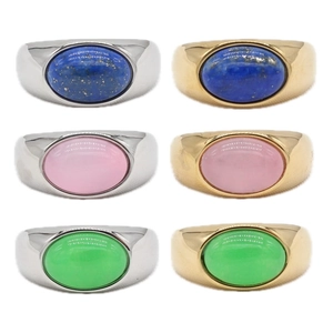 Titanium Steel Signet Ring For Women Men Oval Green Blue Pink Gemstone Inlaid Stainless Steel Ring Retro Fashion Jewelry