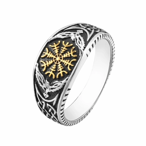 Bague Homme en Acier Titane Viking Vintage Nordique Aegishjalmur Vegvisir Nœud Celtique Relief Punk Gothique Bijoux
