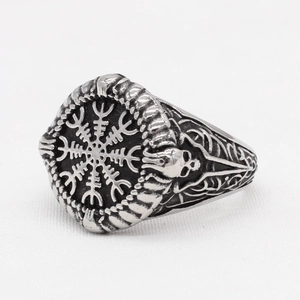 Vintage Viking Vegvisir ring in titanium steel with skull and Yggdrasil side details