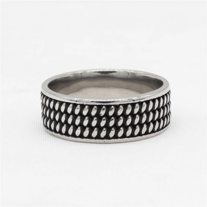 Bague large rétro en acier inoxydable avec texture perlée argentée de style vintage