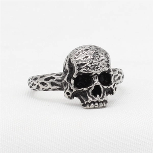 Retro gothic skull ring for men in oxidized stainless steel with vintage punk rock texture