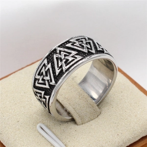 Retro Viking Valknut triangle ring for men in black and silver polished stainless steel