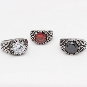 Vintage gothic titanium steel rings with round gemstones and intricate hollow carvings