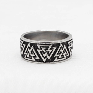Retro Viking Valknut triangle ring for men in silver and black stainless steel