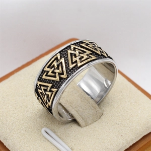 Vintage Viking Valknut ring for men in silver and gold stainless steel finish