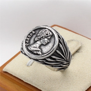 Vintage silver Caesar coin ring for men with Roman relief portrait and engraved details