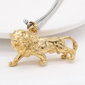 Mens gold lion pendant necklace in stainless steel with a silver-colored chain