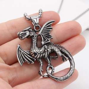 Vintage gothic dragon pendant necklace in oxidized stainless steel for men