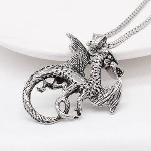 Gothic silver flying dragon pendant necklace in polished stainless steel for men