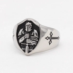 Vintage gothic crusader knight shield ring in stainless steel with cross relief detail