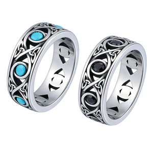 Vintage Celtic Knot Titanium Steel Ring For Men Women Retro Hollow Inlaid Artificial Turquoise Black Rhinestone Band Ring Gothic Jewelry