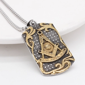 Vintage gold and silver bicolor Masonic pendant necklace with sun and square compass symbol