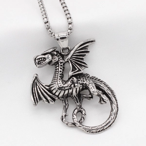 Vintage gothic flying dragon pendant necklace in retro silver stainless steel finish