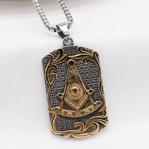 Vintage Freemason pendant necklace in silver and gold tone stainless steel with sun relief