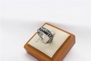 Detailed relief of wolves and starry sky on oxidized vintage steel ring for men