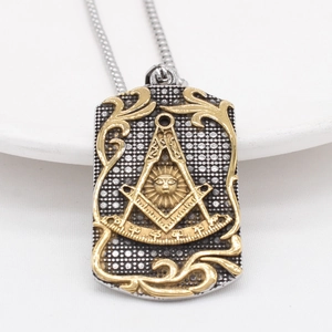 Men's retro Freemasonry pendant necklace in silver and gold steel with compass symbol