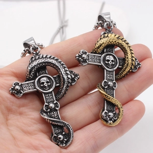Gothic dragon skull cross pendant in polished silver and gold finish with chain
