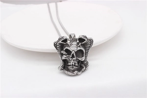 Macro shot of gothic snake and skull pendant with vintage silver finish and steel texture
