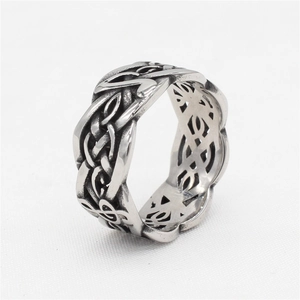 Vintage Viking music note ring in stainless steel with Celtic weave and wavy edges