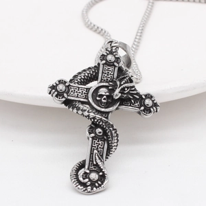 Gothic silver dragon skull cross pendant necklace with vintage oxidized steel finish