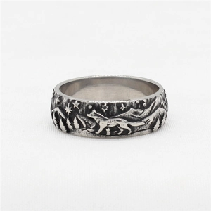 Vintage stainless steel wolf ring with embossed mountain forest and starry sky patterns