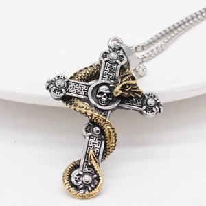 Retro stainless steel dragon cross pendant necklace with skull and golden snake detail