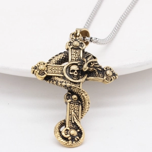 Gothic dragon wrapped skull cross pendant necklace in vintage bronze finish