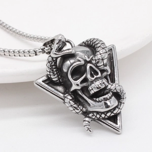 Retro stainless steel snake and skull pendant necklace in a triangle frame for men
