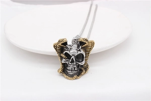 Macro shot of punk style cobra and skull pendant necklace with gold and silver finish