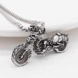 Retro motorcycle pendant necklace for men in silver finish with a sturdy box chain