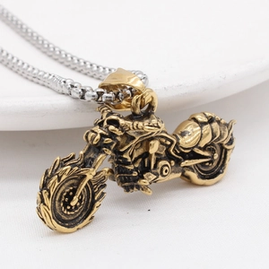 Retro golden motorcycle pendant necklace with stainless steel square bead chain